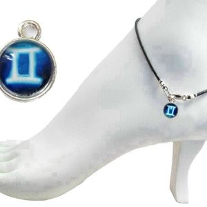Black Leather Anklet ~  Gemini Zodiac Charm